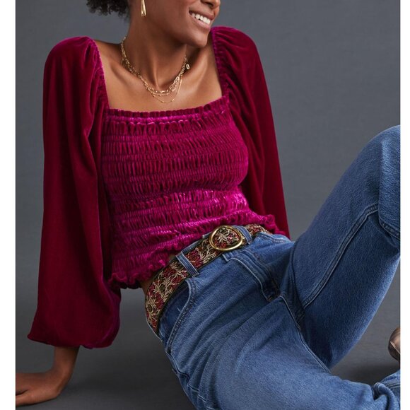 By Anthropologie Puff-Sleeved Velvet Blouse Jeweltone Pink - Small - Picture 3 of 9